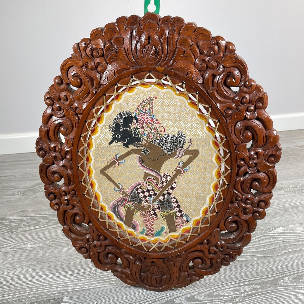 Javanese Indonesian Asian Artwork Shadow Puppet Leather Painting Wooden Frame